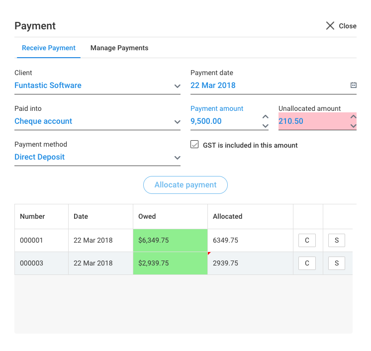 accountedge pro receive payment larger than invoice